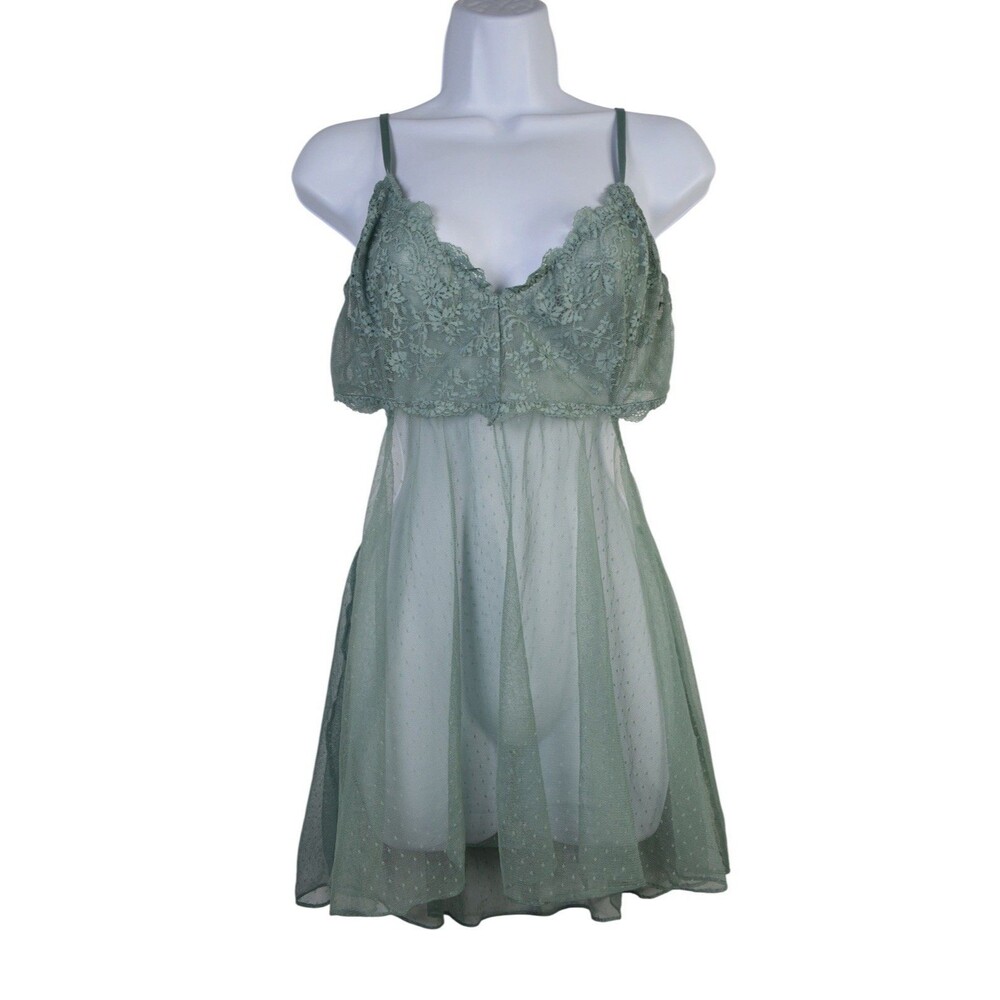 Victoria's Secret Babydoll Chemise Green Lace Mesh Lingerie Nightgown Sleepwear - Picture 2 of 13